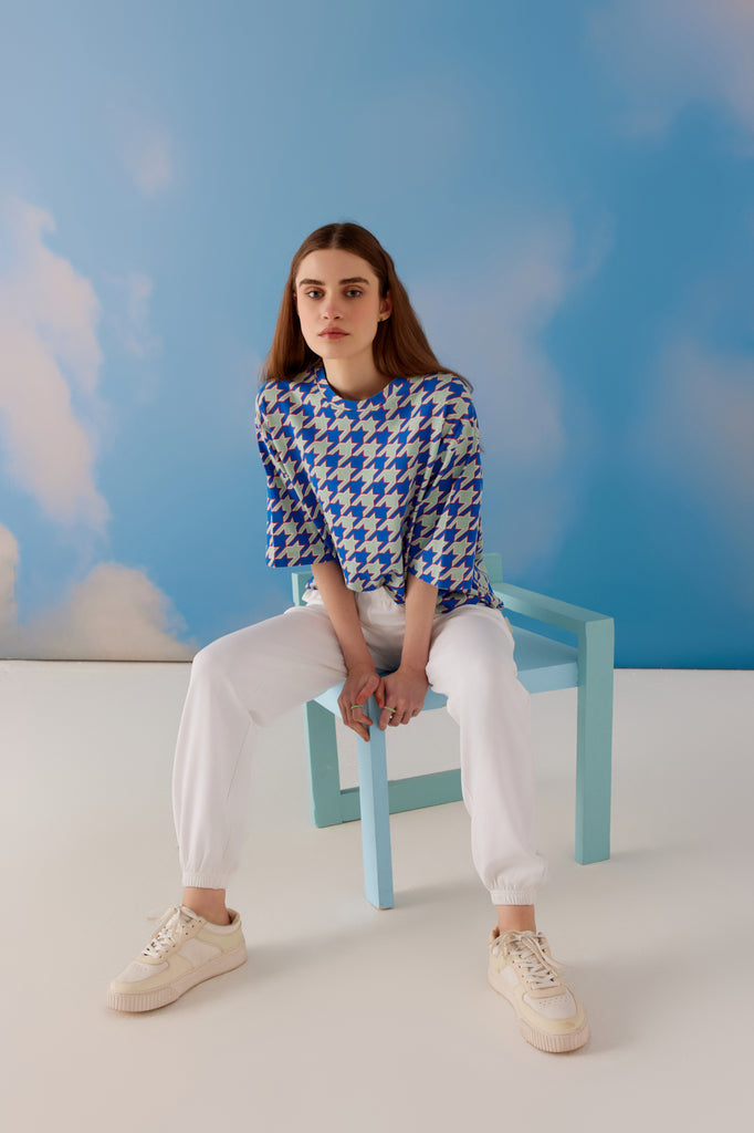 Houndstooth Oversized Unisex Tee - Blue